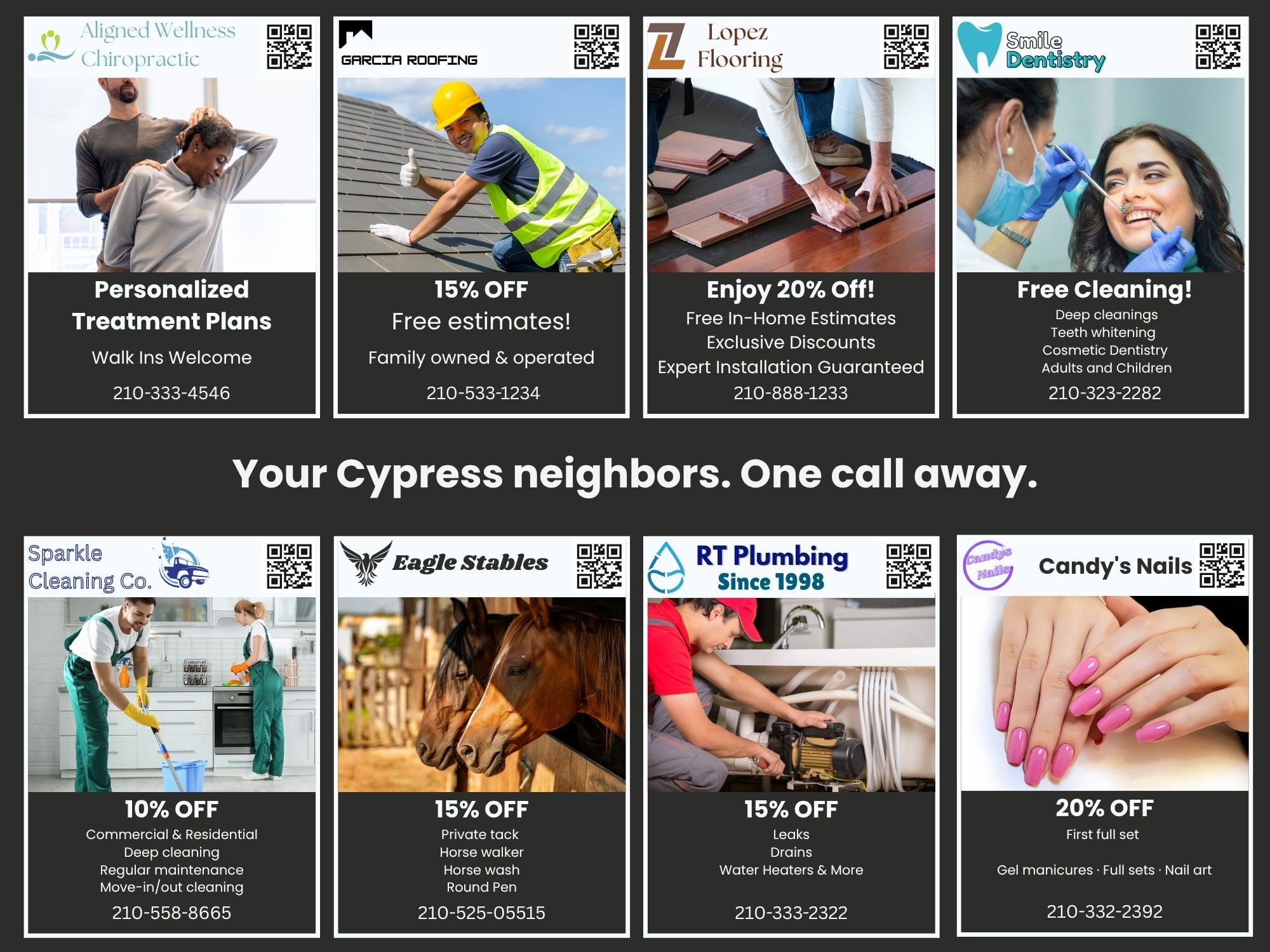 Sample Cypress Home Pros postcard — 'Your Cypress neighbors. One call away.' Eight local businesses per side, each with a QR code, offer, and phone number.